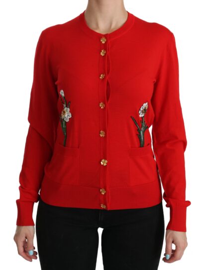 Dolce & Gabbana - Red Wool Crystal Floral Cardigan Sweater