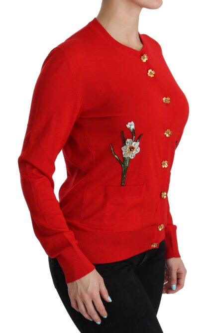 Dolce & Gabbana - Red Wool Crystal Floral Cardigan Sweater