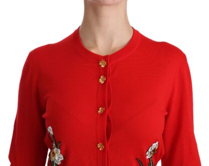 Dolce & Gabbana - Red Wool Crystal Floral Cardigan Sweater