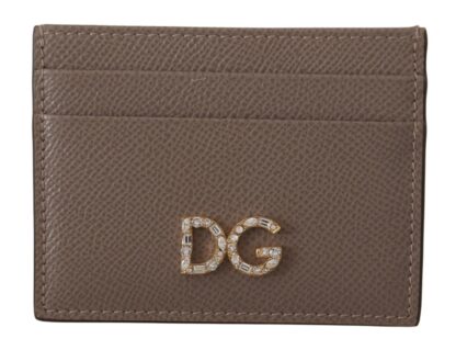 Dolce & Gabbana - Elegant Beige Leather Cardholder with Crystal Logo