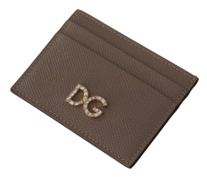 Dolce & Gabbana - Elegant Beige Leather Cardholder with Crystal Logo