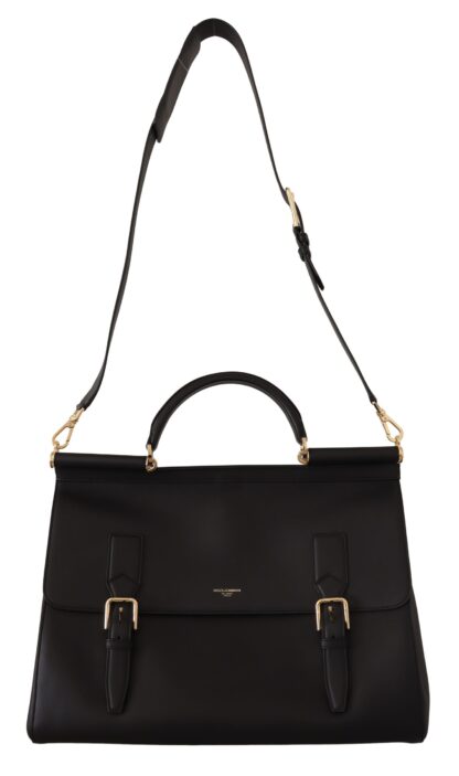 Dolce & Gabbana - Elegant XL Sicily Black Leather Bag with Gold Accents