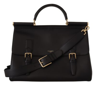 Dolce & Gabbana - Elegant XL Sicily Black Leather Bag with Gold Accents