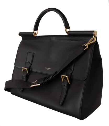 Dolce & Gabbana - Elegant XL Sicily Black Leather Bag with Gold Accents