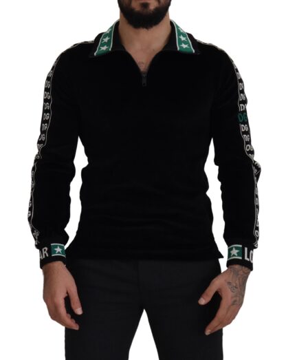 Dolce & Gabbana - Elegant Black Velvet Monogram Polo Sweater