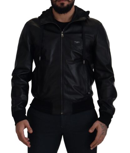 Dolce & Gabbana - Sleek Black Leather Hooded Bomber Jacket