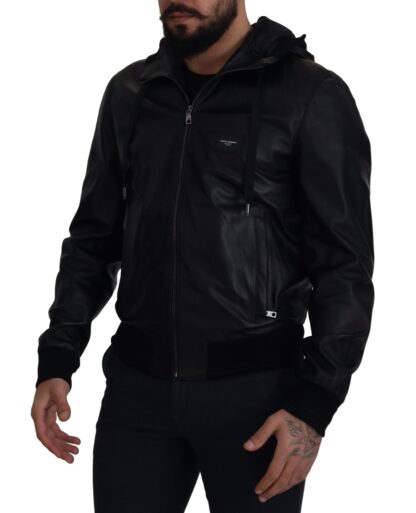 Dolce & Gabbana - Sleek Black Leather Hooded Bomber Jacket