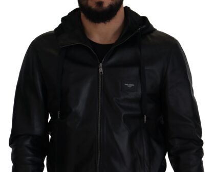 Dolce & Gabbana - Sleek Black Leather Hooded Bomber Jacket