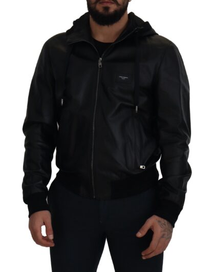 Dolce & Gabbana - Sleek Black Leather Hooded Bomber Jacket