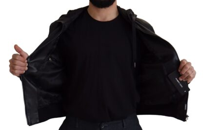 Dolce & Gabbana - Sleek Black Leather Hooded Bomber Jacket