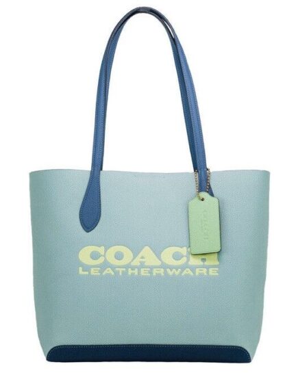 COACH - Kia Medium Aqua Multi Colorblock Pebbled Leather Tote Bag Handbag