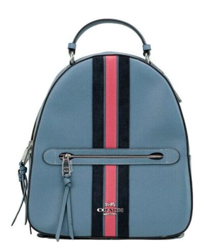 COACH - Jordyn Varsity Stripe Indigo Crossgrain Leather Backpack Bookbag