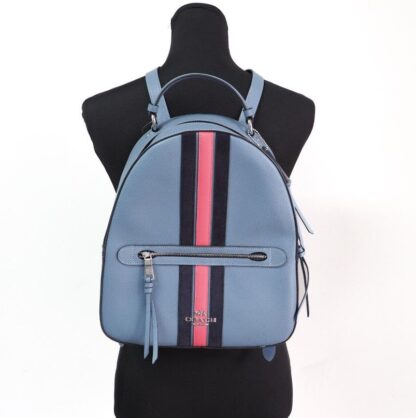 COACH - Jordyn Varsity Stripe Indigo Crossgrain Leather Backpack Bookbag