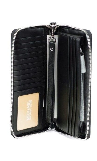 Michael Kors - Jet Set Travel Large Black Leather Silver Continental Wrist Wallet