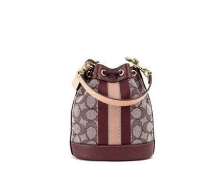 COACH - Dempsey Mini Wine Jacquard Canvas Crossbody Bucket Handbag Purse