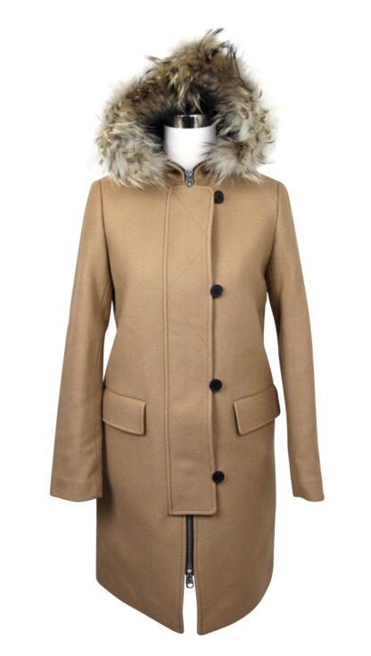 Sandro - Women's Camel Kurt Wool Coat Fur Trim Hood