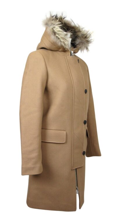 Sandro - Women's Camel Kurt Wool Coat Fur Trim Hood