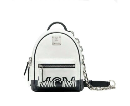 MCM - MCM Women's White Contrast Logo Leather Mini Crossbody Chain Bag