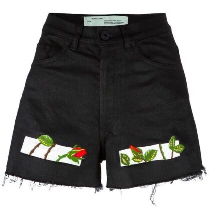 Off-White - Chic Black Denim Shorts with Embroidered Roses