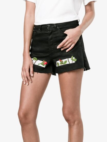 Off-White - Chic Black Denim Shorts with Embroidered Roses