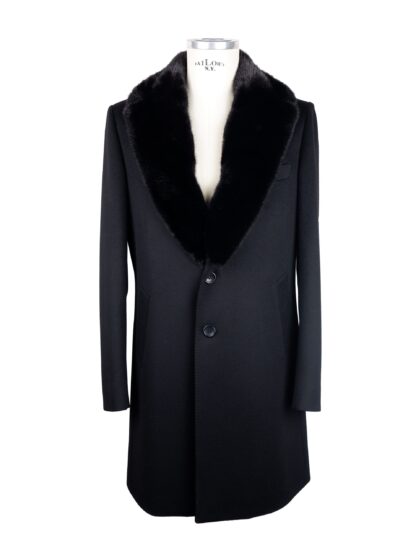 Made in Italy - Elegant Black Virgin Wool Coat with Mink Fur