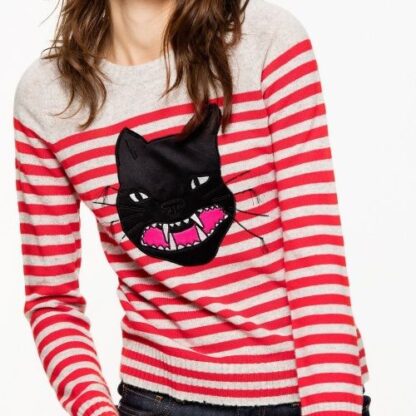 Zadig & Voltaire - Chic Red Striped Cashmere Sweater with Cat Motif