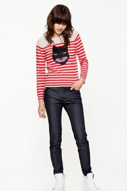 Zadig & Voltaire - Chic Red Striped Cashmere Sweater with Cat Motif