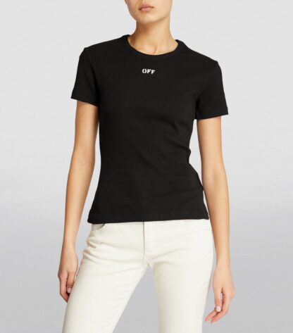 Off-White - Sleek Black Crew-Neck Tee with Front Print