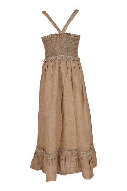 Yes Zee - Elegant Beige Linen Maxi Dress with Flounce Hem