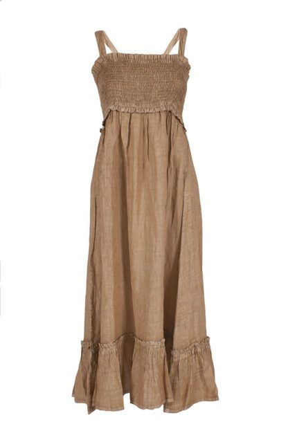 Yes Zee - Elegant Beige Linen Maxi Dress with Flounce Hem