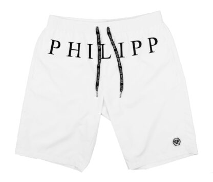 Philippe Model - White Logo Print Men's Long Boxer Swim Shorts