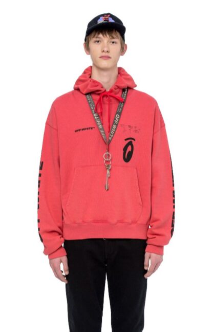 Off-White - Red Hooded Cotton Sweatshirt with Graphic Print