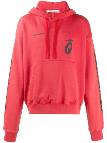 Off-White - Red Hooded Cotton Sweatshirt with Graphic Print