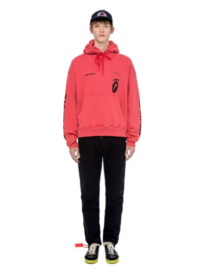 Off-White - Red Hooded Cotton Sweatshirt with Graphic Print