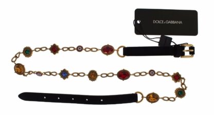 Dolce & Gabbana - Black Suede Gold Brass Color Crystal Waist Belt