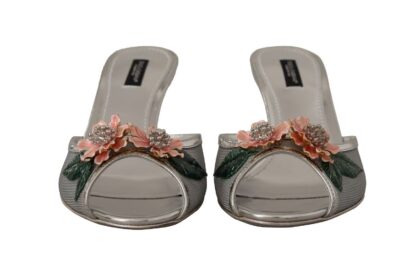 Dolce & Gabbana - Elegant Silver Floral Kitten Heel Sandals