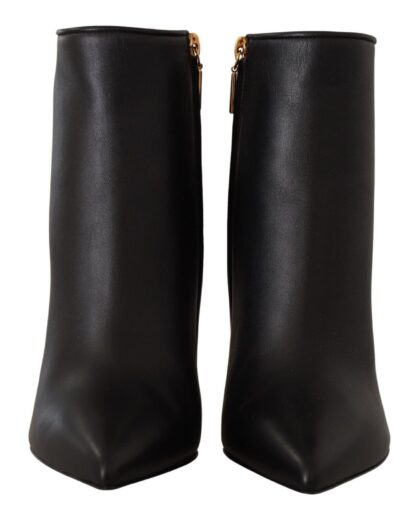 Dolce & Gabbana - Elegant Black Leather Ankle Boots with Logo Heels