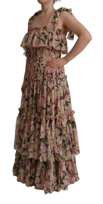 Dolce & Gabbana - Elegant Pink Floral Ruched Silk Long Dress