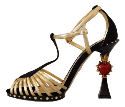 Dolce & Gabbana - Elegant T-Strap Heels Sandals in Gold and Black