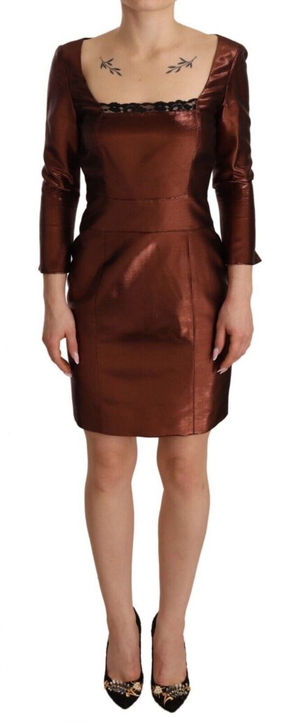 GF Ferre - Metallic Brown Long Sleeves Square Neck Sheath Dress