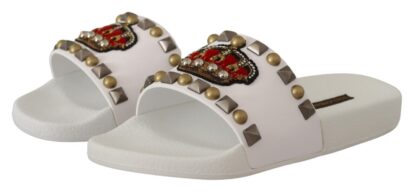 Dolce & Gabbana - Regal White Leather Slides with Crown Patch