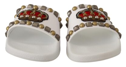 Dolce & Gabbana - Regal White Leather Slides with Crown Patch