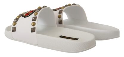 Dolce & Gabbana - Regal White Leather Slides with Crown Patch