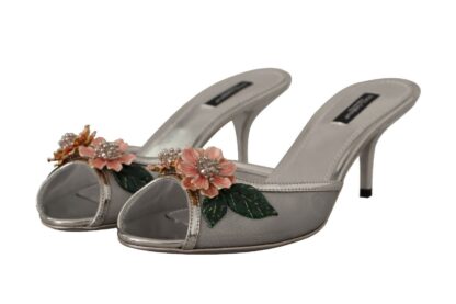 Dolce & Gabbana - Elegant Silver Floral Kitten Heel Sandals