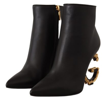 Dolce & Gabbana - Elegant Black Leather Ankle Boots with Logo Heels