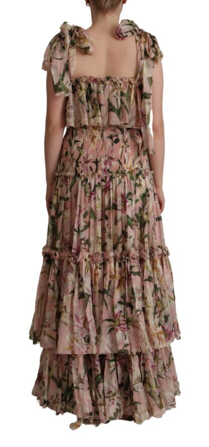 Dolce & Gabbana - Elegant Pink Floral Ruched Silk Long Dress