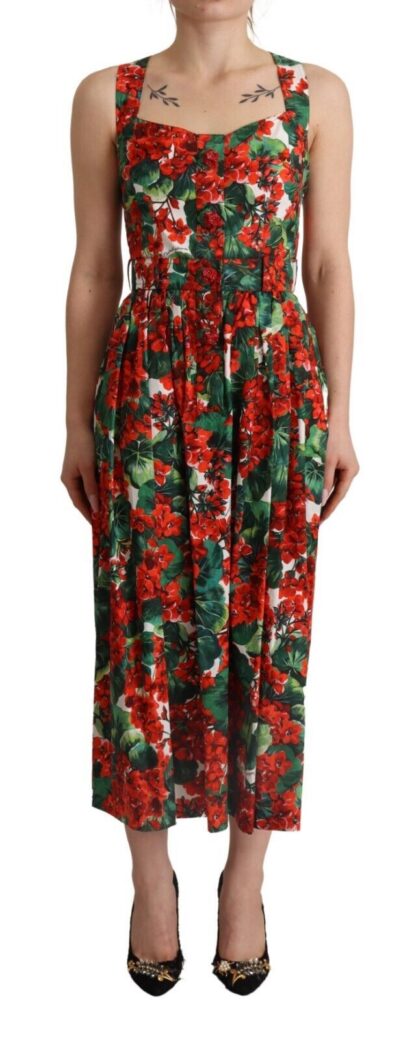 Dolce & Gabbana - Red Geranium Print Cotton Pleated Maxi Dress