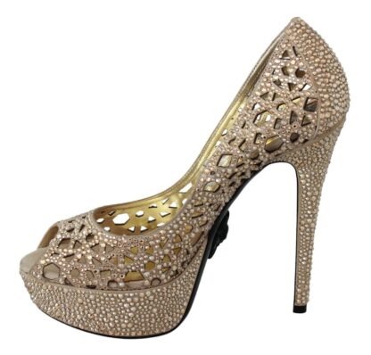 Philipp Plein - Elegant Beige Leather Heeled Pumps with Rhinestones