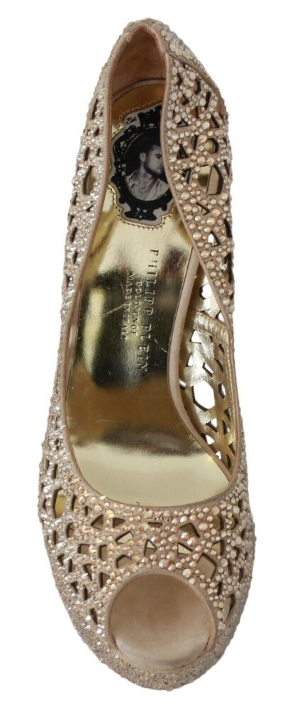 Philipp Plein - Elegant Beige Leather Heeled Pumps with Rhinestones