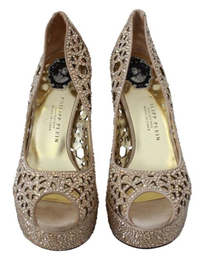 Philipp Plein - Elegant Beige Leather Heeled Pumps with Rhinestones